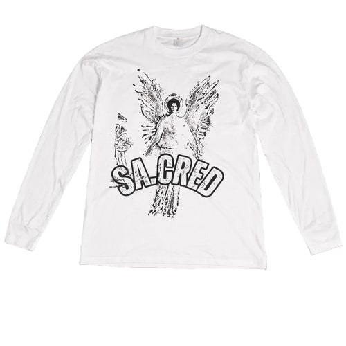 White long-sleeve shirt with black graphic design and 'SACRED' text on a black background